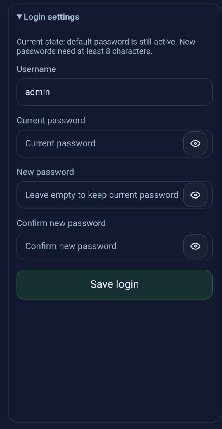 Login settings section with username and password fields.