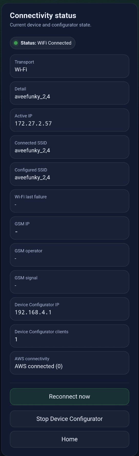 Connectivity status page with local, Wi-Fi, mobile and cloud status values.