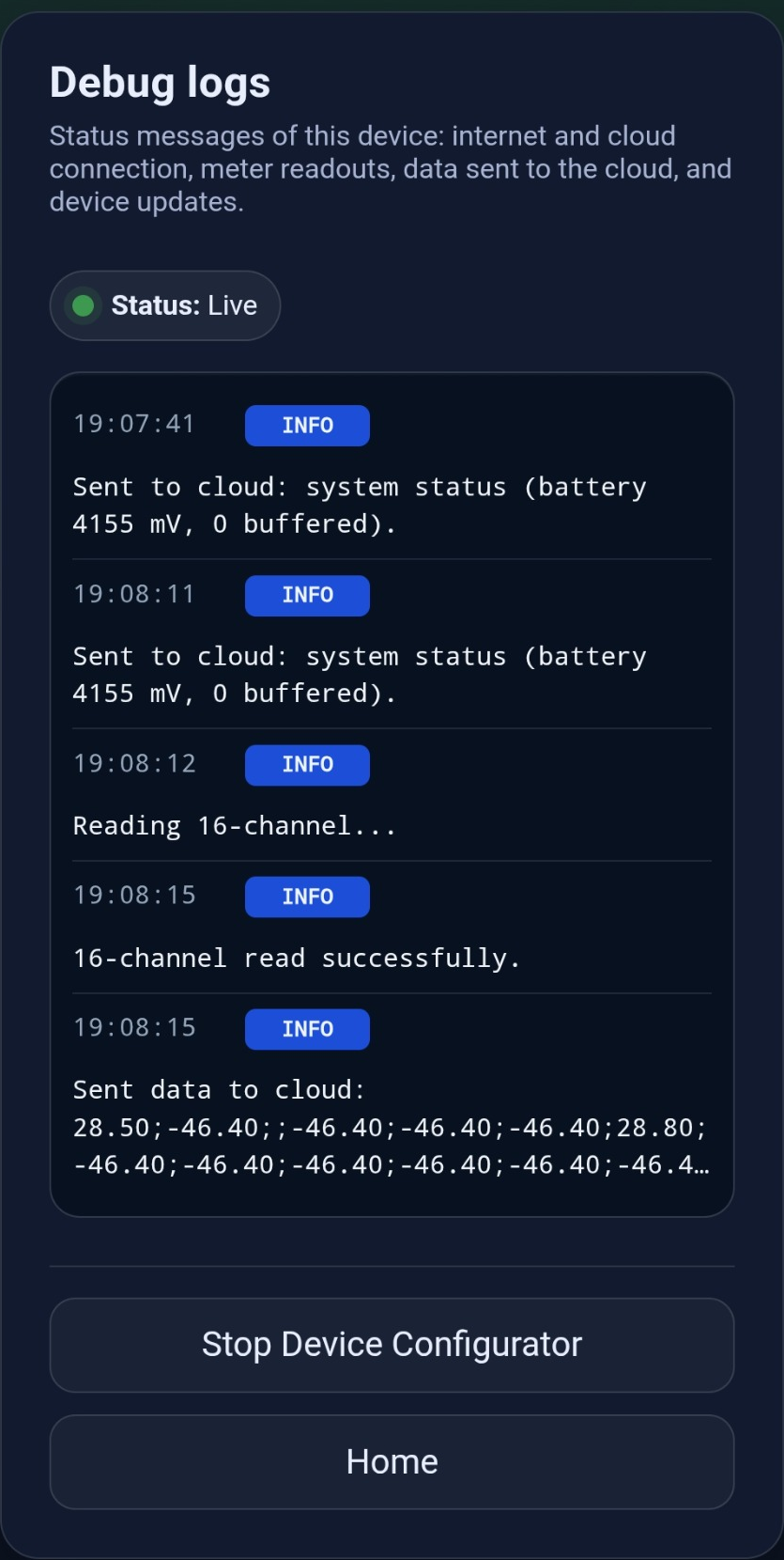 Debug logs page with live status messages.