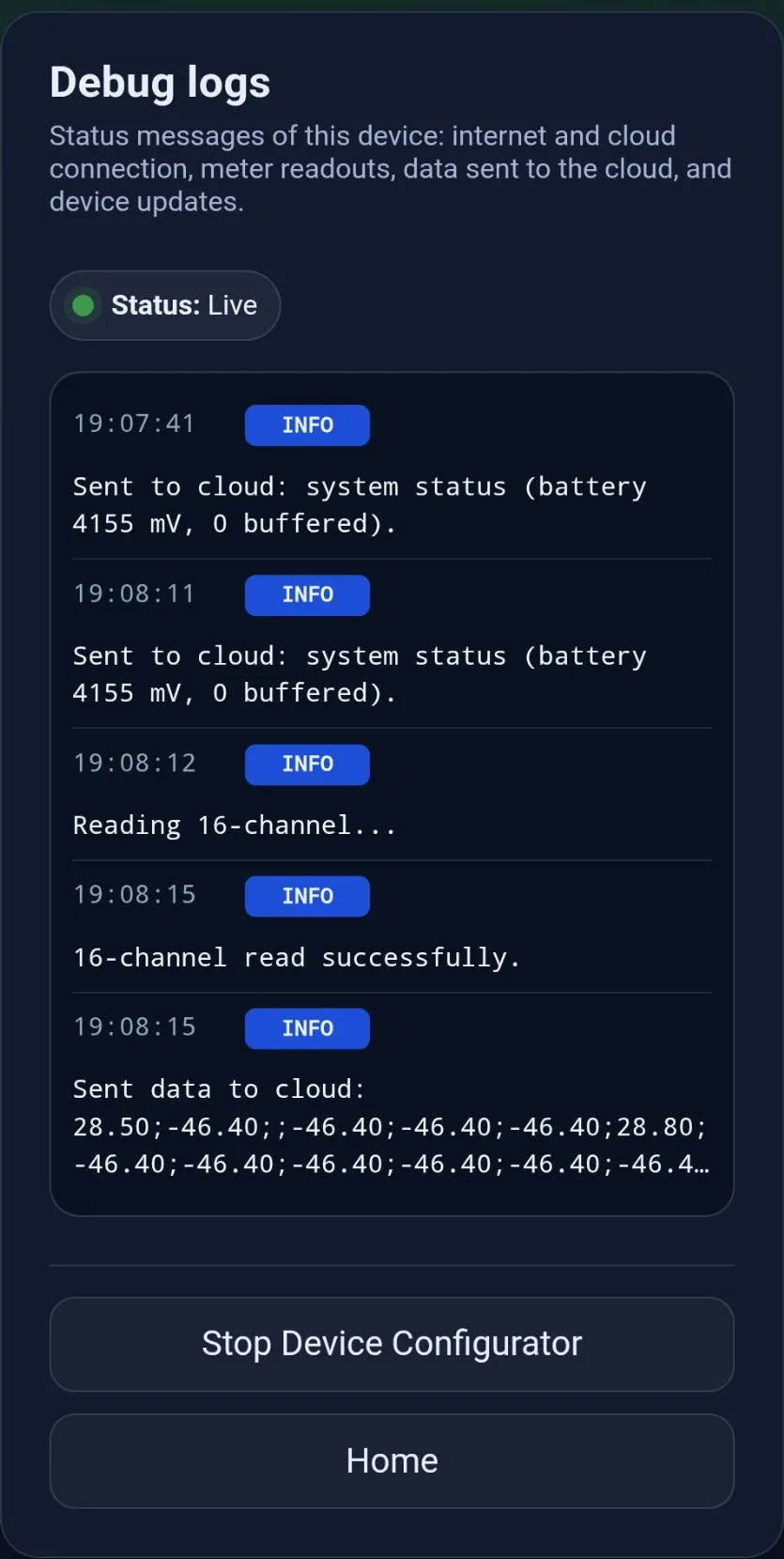 Seite mit Debug-Protokollen und aktuellen Statusmeldungen.