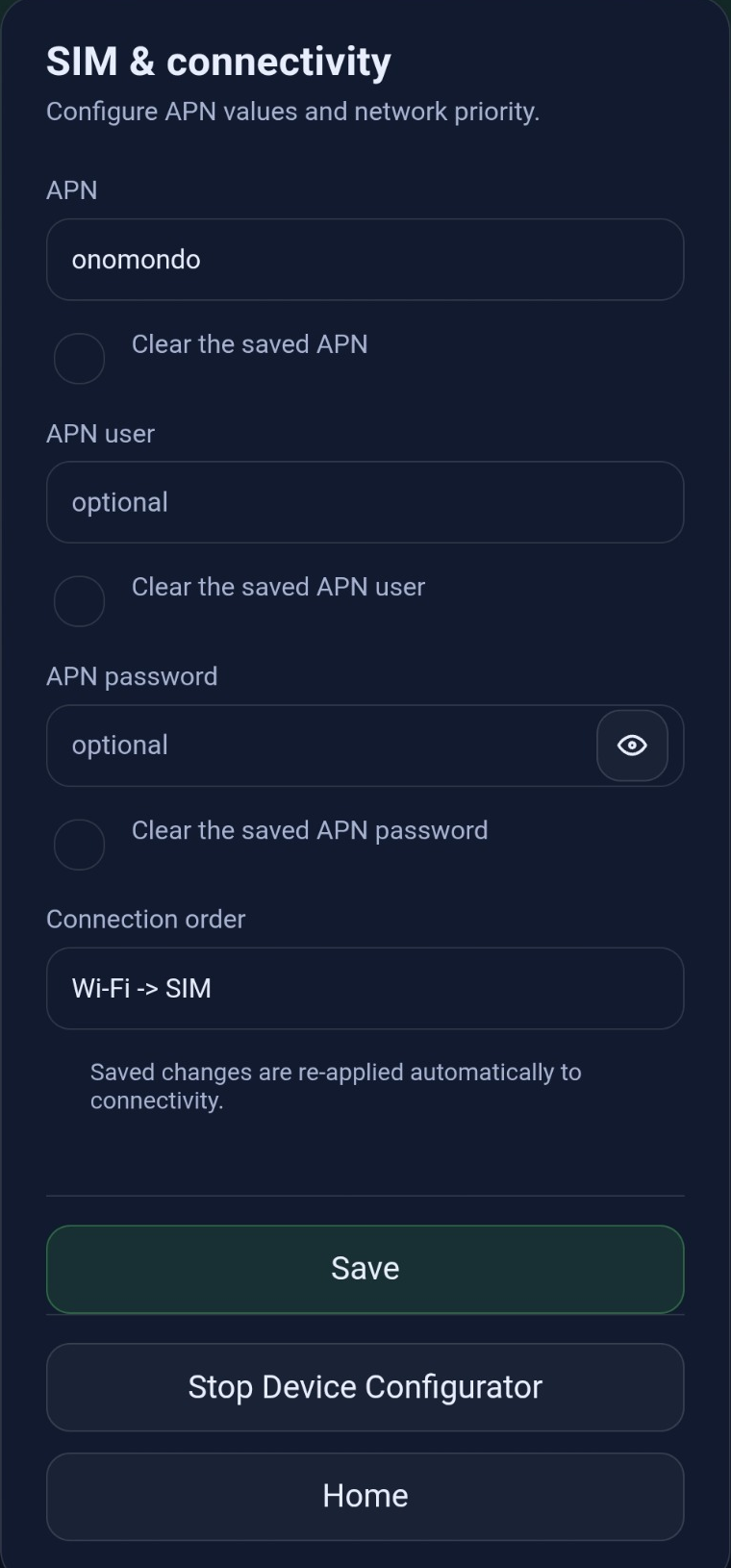 SIM and connectivity setup page.