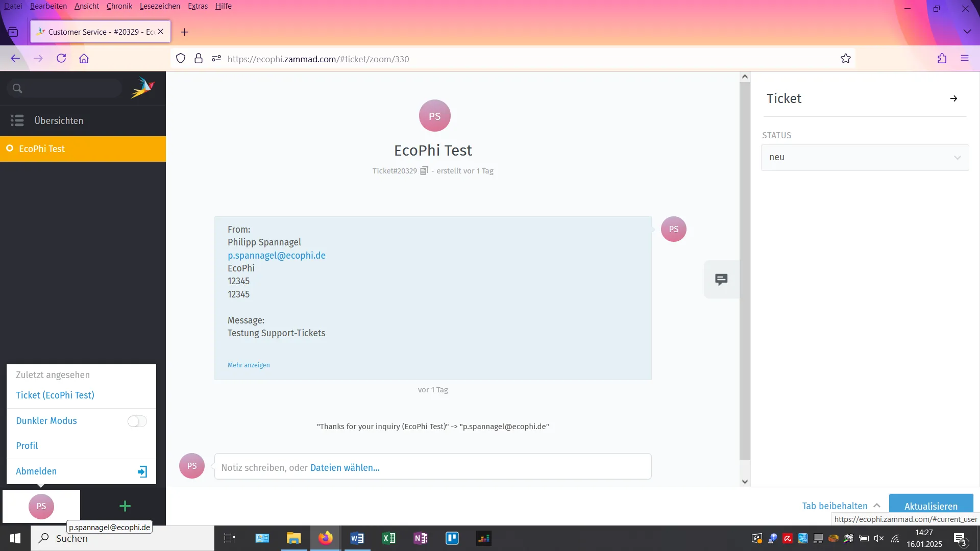 Account settings and logout