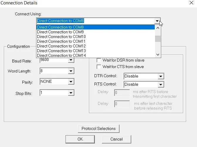 ModScan32 COM port selection
