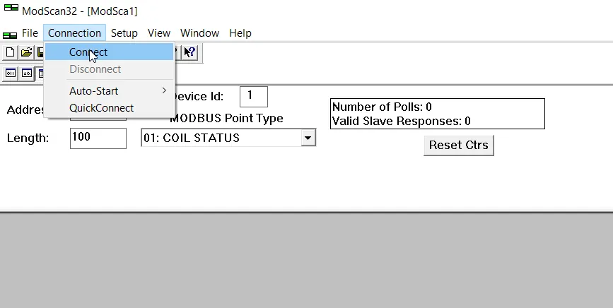 ModScan32 connection menu