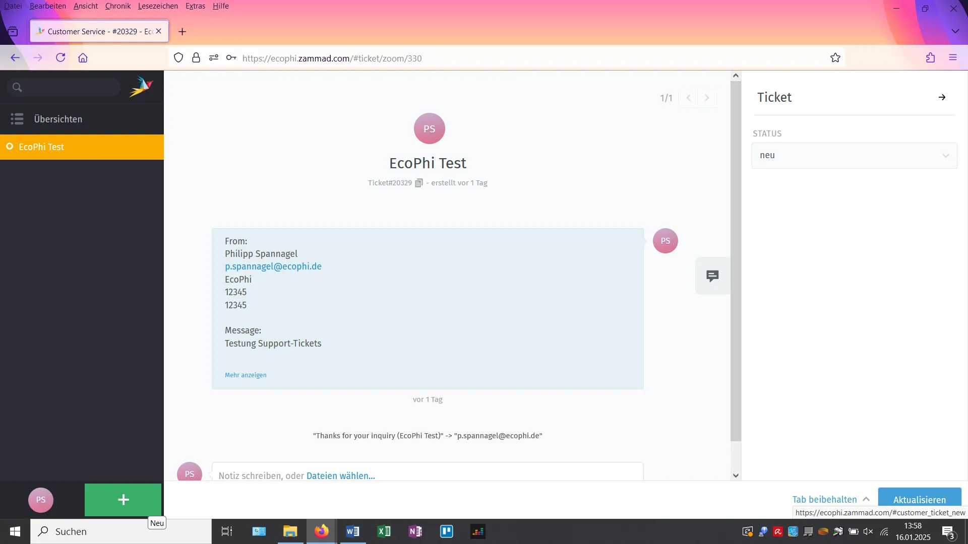 Button for creating a new ticket