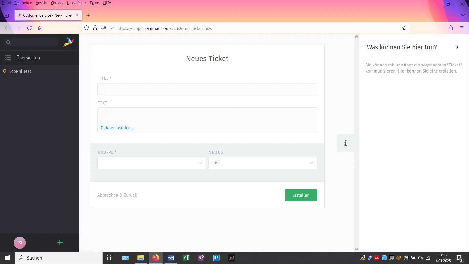 Form for a new ticket