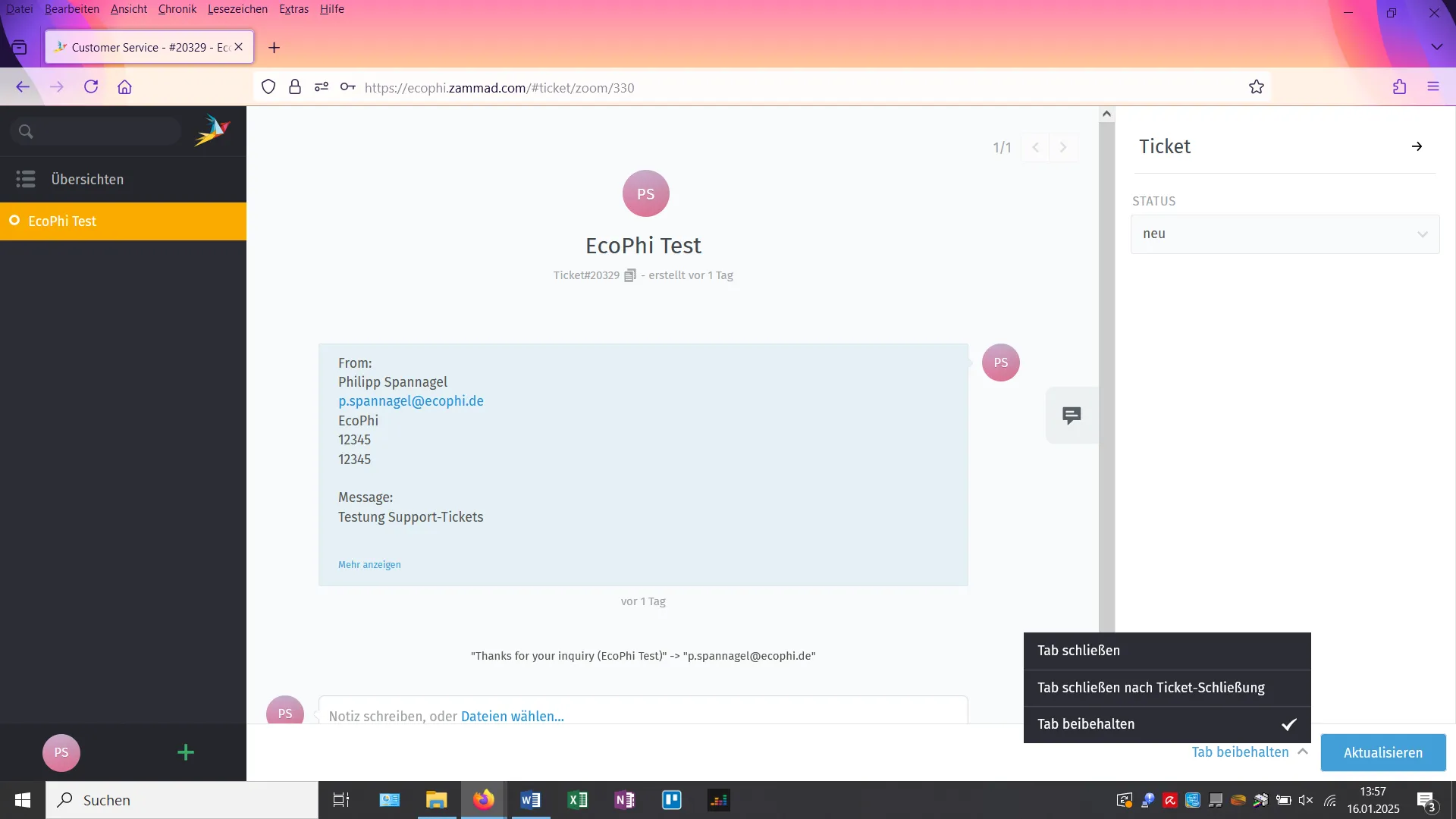 Close a ticket using the button